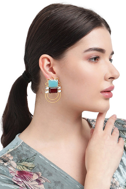 Gold Finish Blue Chalcedony & Crystal Dangler Earrings