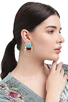 Gold Finish Blue Chalcedony & Crystal Dangler Earrings