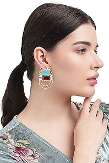 Gold Finish Blue Chalcedony & Crystal Dangler Earrings
