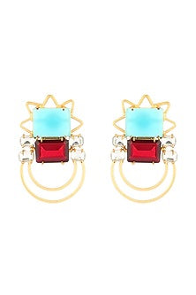 Gold Finish Blue Chalcedony & Crystal Dangler Earrings