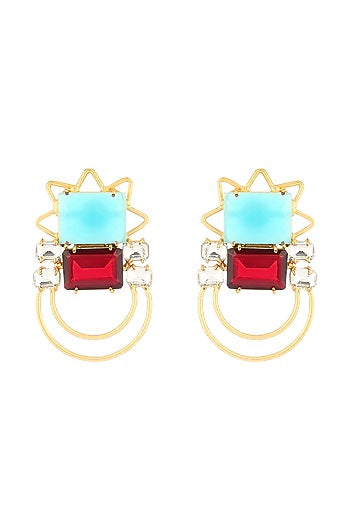 Gold Finish Blue Chalcedony & Crystal Dangler Earrings