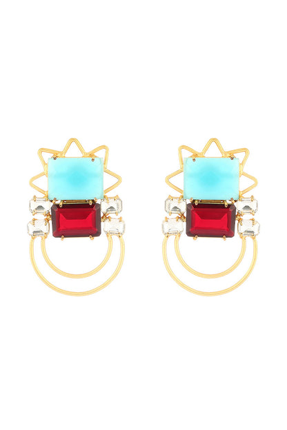 Gold Finish Blue Chalcedony & Crystal Dangler Earrings