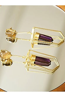 Gold Finish Amethyst & Quartz Dangler Earrings