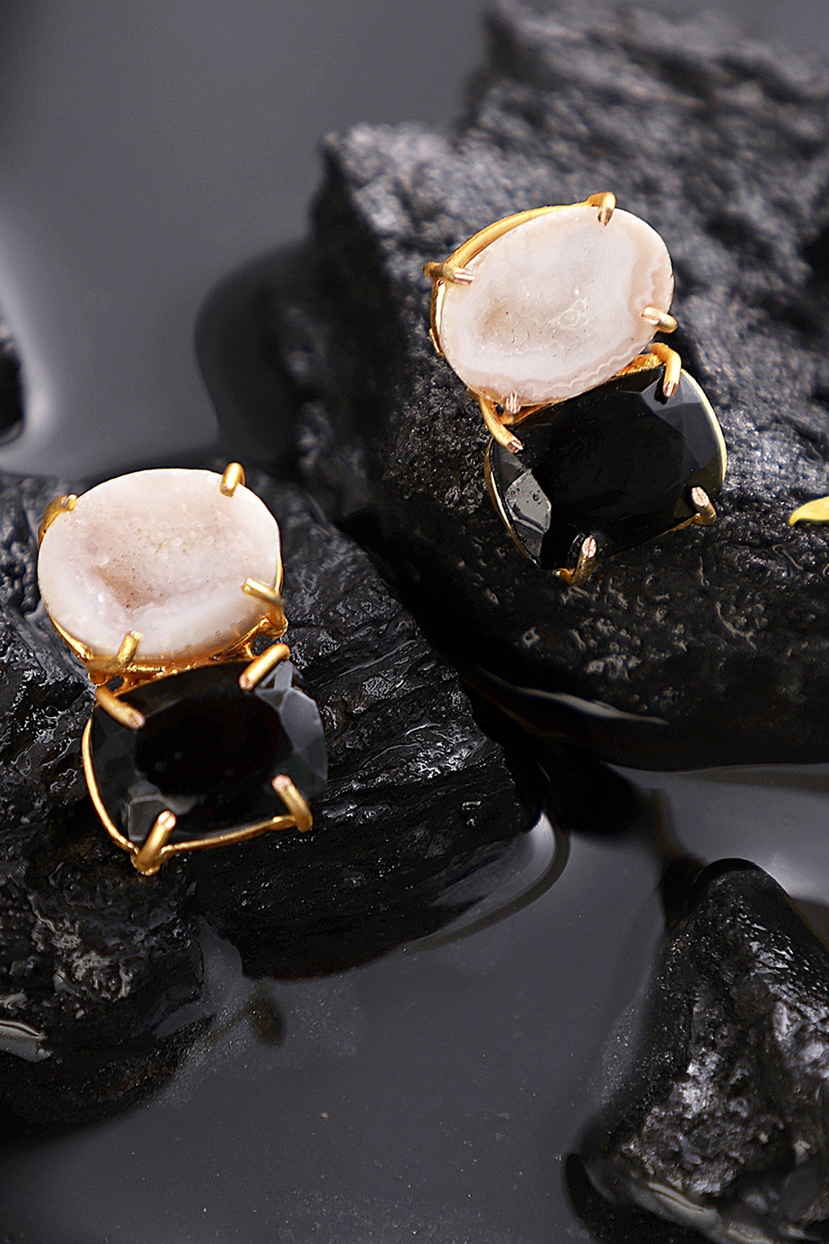 Gold Finish Onyx Stud Earrings