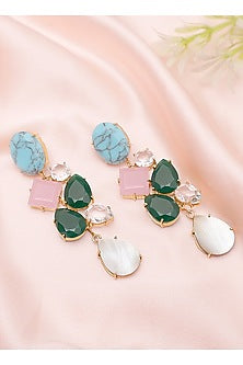 Gold Finish Turquoise & Rose Quartz Dangler Earrings