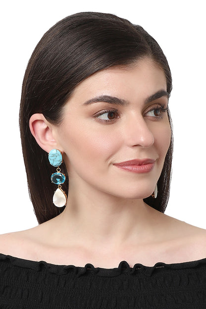 Gold Finish Turquoise & Mother Of Pearl Dangler Earrings
