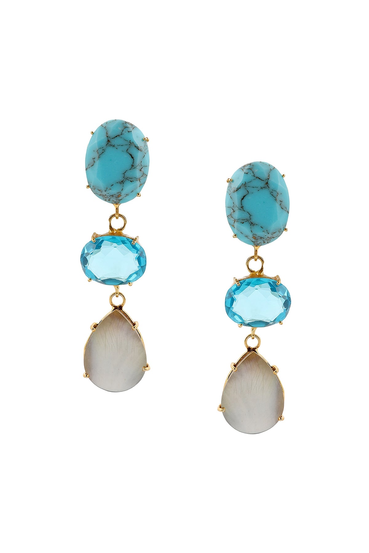 Gold Finish Turquoise & Mother Of Pearl Dangler Earrings