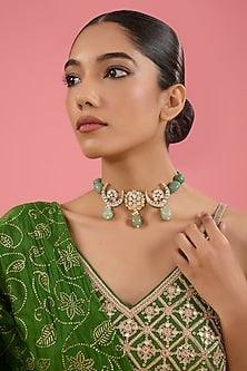 Gold Finish Kundan Polki & Pearl Choker Necklace