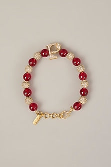 Gold Finish Kundan Polki & Red Pearl Bracelet