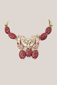 Rose Gold Finish Kundan Polki & Maroon Beaded Choker Necklace
