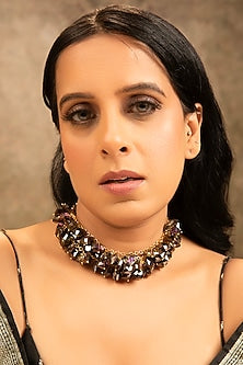 Gold Finish Black Stone & Pearl Necklace