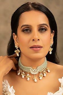Gold finish Kundan Polki & Pearl Choker Necklace Set