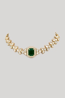 Gold Finish Kundan Stone & Green Beaded Necklace