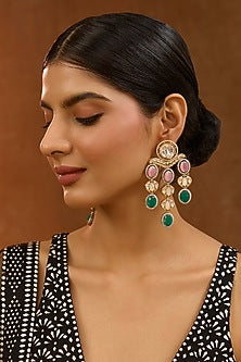 Gold Finish Kundan Polki & Multi-Colored Onyx Dangler Earrings