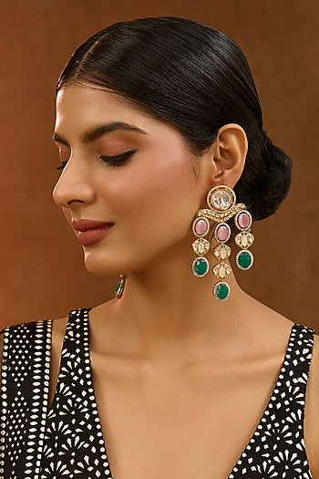 Gold Finish Kundan Polki & Multi-Colored Onyx Dangler Earrings
