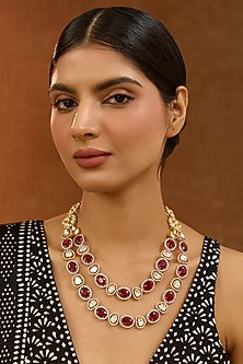 Gold Finish Kundan Stone & Red Beaded Long Necklace
