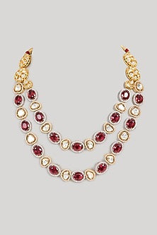 Gold Finish Kundan Stone & Red Beaded Long Necklace