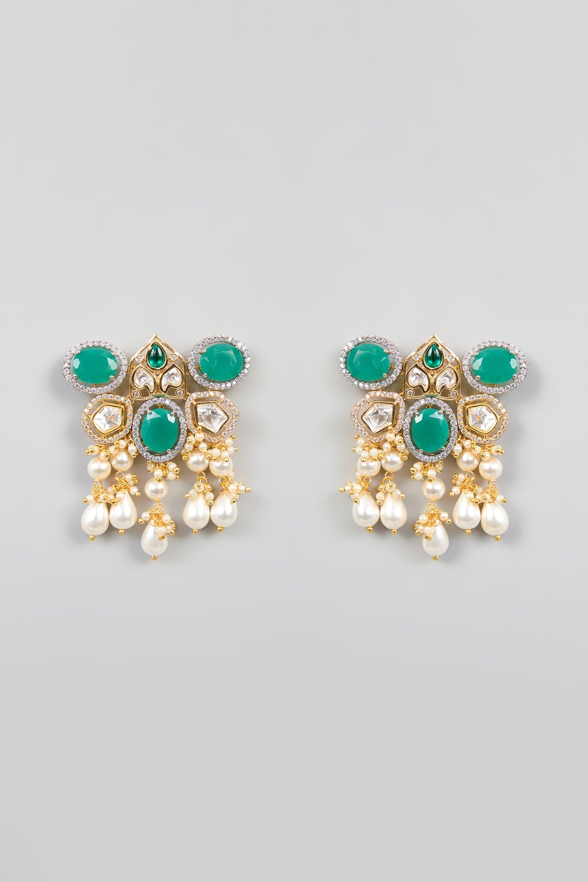 Gold Finish Green Kundan Polki & Pearl Hoop Earrings