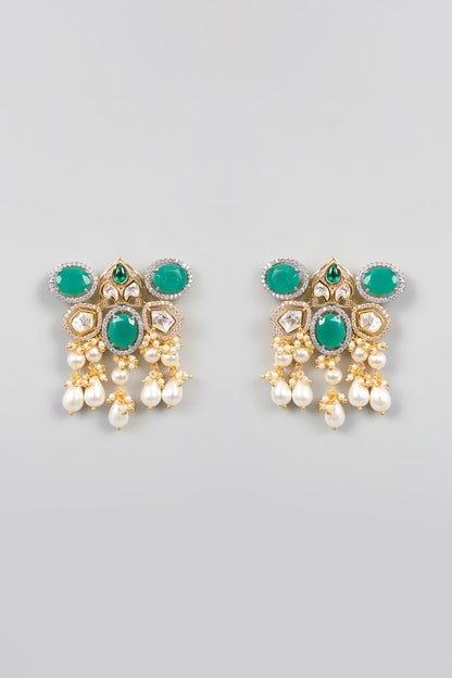 Gold Finish Green Kundan Polki & Pearl Hoop Earrings