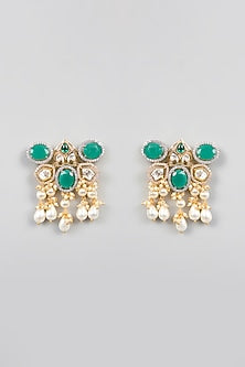 Gold Finish Green Kundan Polki & Pearl Hoop Earrings