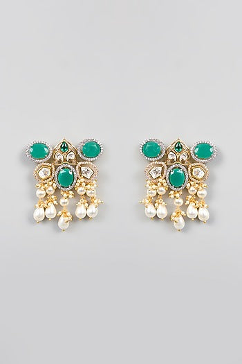 Gold Finish Green Kundan Polki & Pearl Hoop Earrings