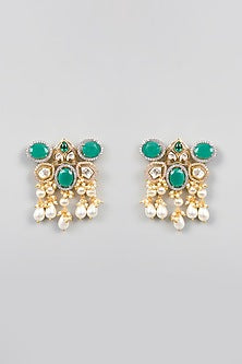 Gold Finish Green Kundan Polki & Pearl Hoop Earrings