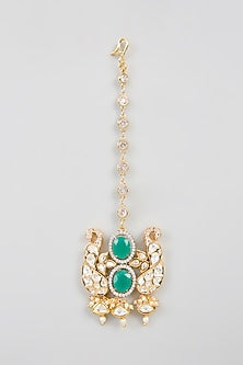 Gold Finish Kundan Polki & Green Beaded Maangtikka