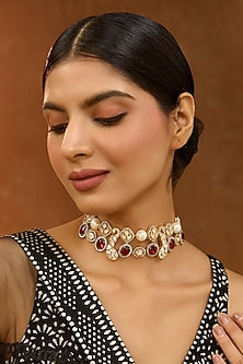 Gold Finish Kundan Polki & Red Beaded Choker Necklace