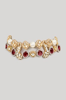 Gold Finish Kundan Polki & Red Beaded Choker Necklace