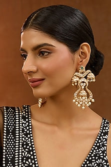 Gold Finish Kundan Polki & Pearl Dangler Earrings
