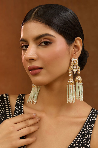 Gold Finish Kundan Polki & Mint Green Beaded Dangler Earrings
