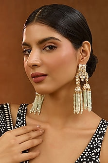 Gold Finish Kundan Polki & Mint Green Beaded Dangler Earrings