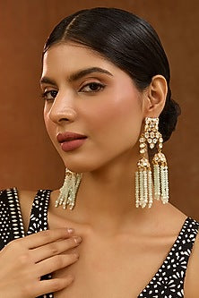 Gold Finish Kundan Polki & Mint Green Beaded Dangler Earrings