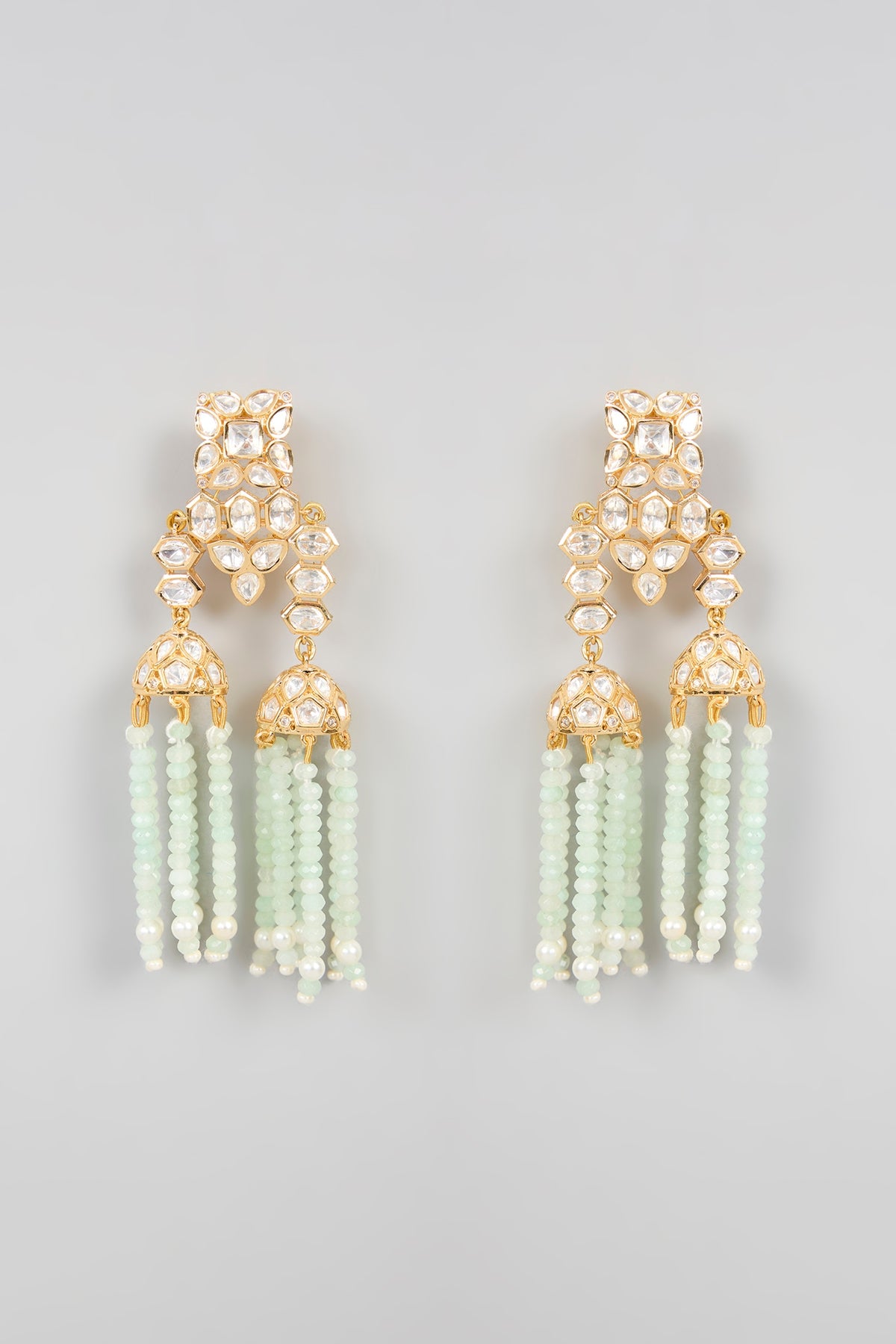 Gold Finish Kundan Polki & Mint Green Beaded Dangler Earrings