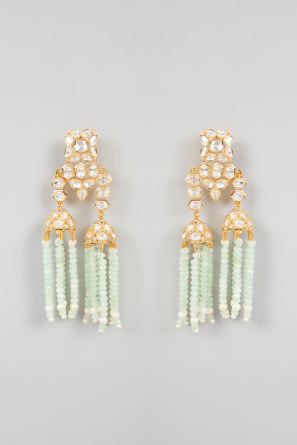 Gold Finish Kundan Polki & Mint Green Beaded Dangler Earrings