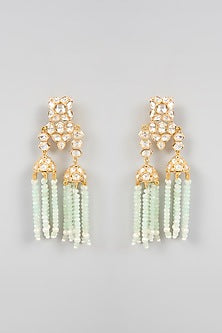 Gold Finish Kundan Polki & Mint Green Beaded Dangler Earrings