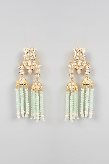 Gold Finish Kundan Polki & Mint Green Beaded Dangler Earrings