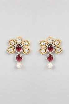 Gold Finish Kundan Polki & Red Stone Stud Earrings