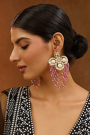 Gold Finish Kundan Polki & Pink Pearl Dangler Earrings