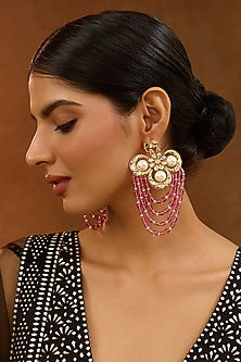 Gold Finish Kundan Polki & Pink Pearl Dangler Earrings