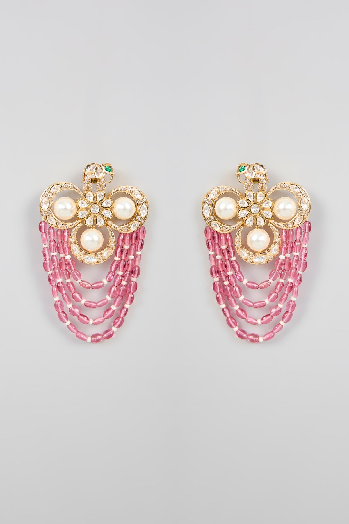 Gold Finish Kundan Polki & Pink Pearl Dangler Earrings
