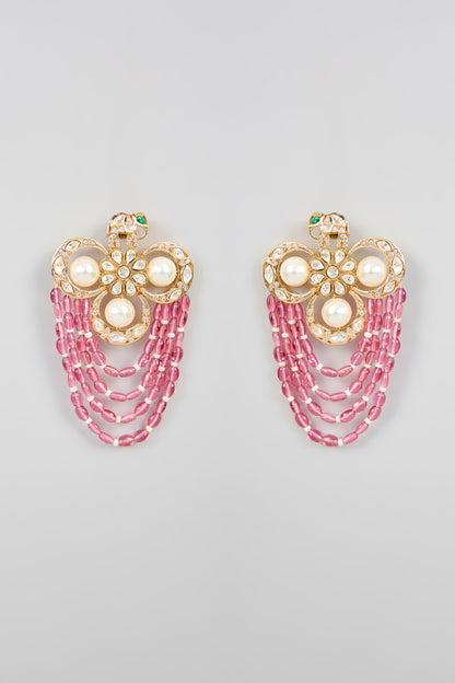 Gold Finish Kundan Polki & Pink Pearl Dangler Earrings