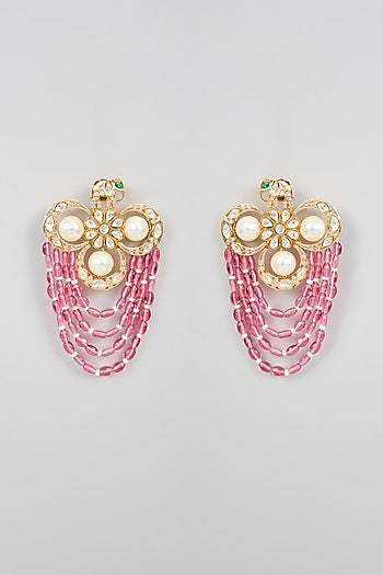 Gold Finish Kundan Polki & Pink Pearl Dangler Earrings