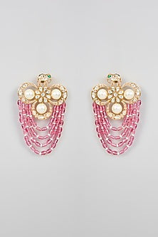 Gold Finish Kundan Polki & Pink Pearl Dangler Earrings