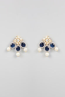 Gold Finish Kundan Polki & Blue Stone Stud Earrings