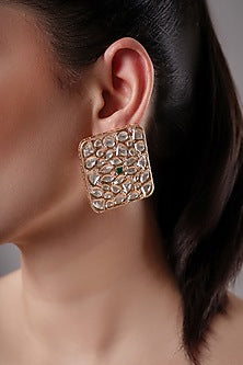 Gold Finish Kundan Polki Handcrafted Stud Earrings