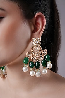 Gold Finish Kundan Polki & Green Onyx Hoop Earrings