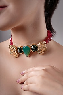 Gold Finish Kundan Polki & Multi-Colored Stone Choker Necklace
