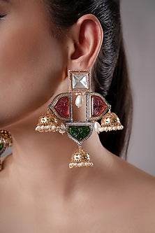 Gold Finish Kundan Polki & Multi-Colored Stone Hoop Earrings