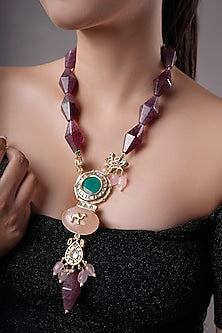 Gold Finish Multi-Colored Kundan Stone Handcrafted Long Necklace